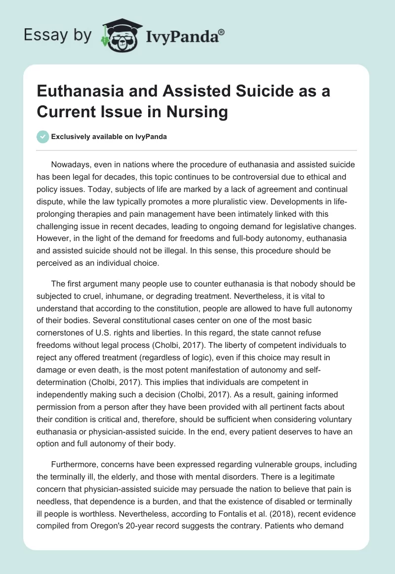Euthanasia and Assisted Suicide as a Current Issue in Nursing. Page 1