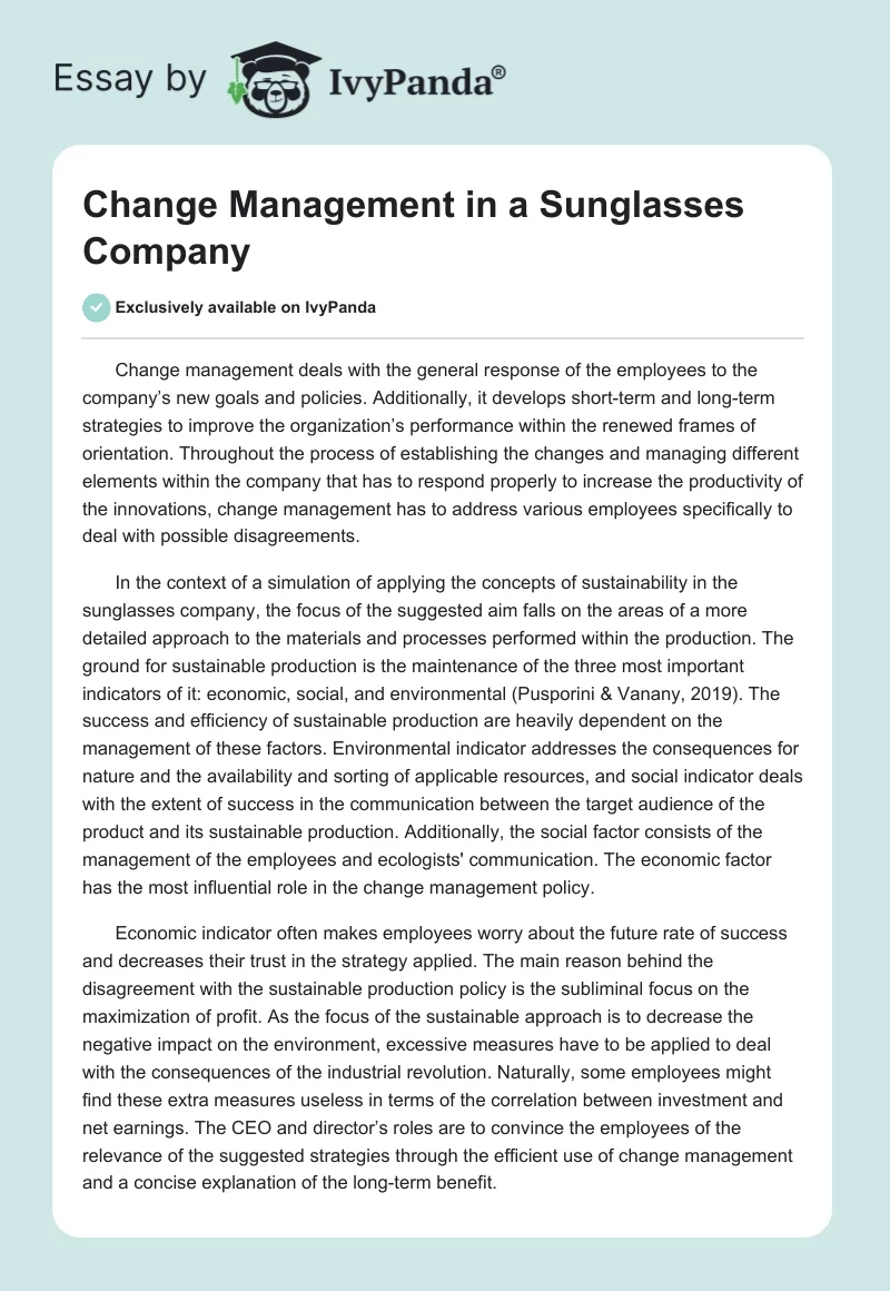 Change Management in a Sunglasses Company. Page 1