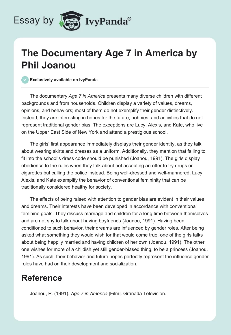 The Documentary "Age 7 in America" by Phil Joanou. Page 1