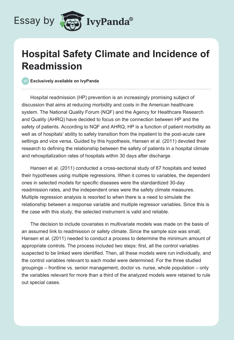 Hospital Safety Climate and Incidence of Readmission. Page 1