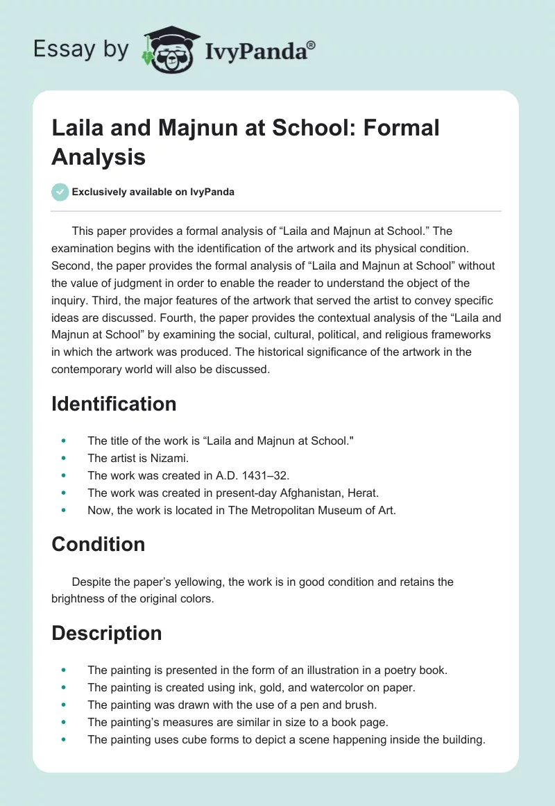 "Laila and Majnun at School": Formal Analysis. Page 1