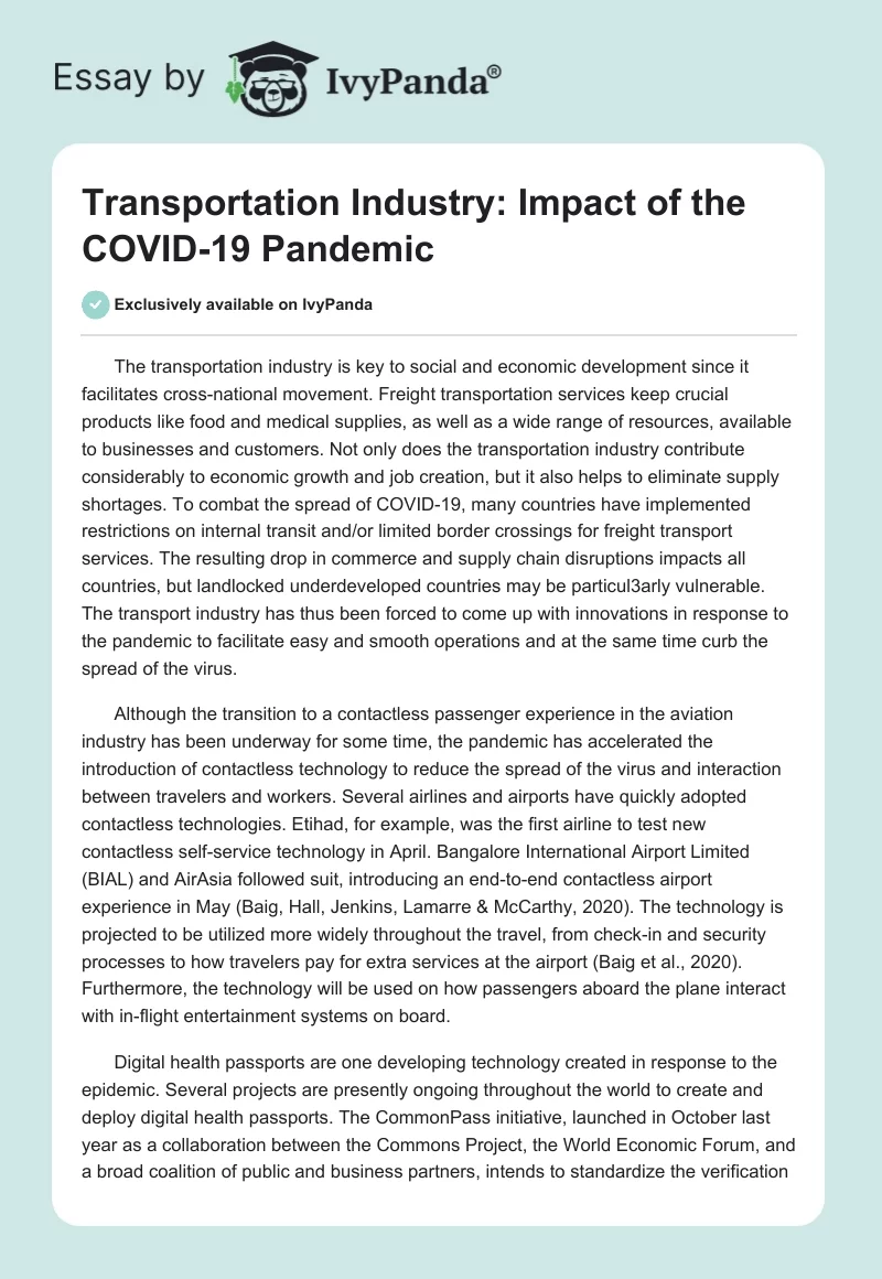 Transportation Industry: Impact of the COVID-19 Pandemic. Page 1