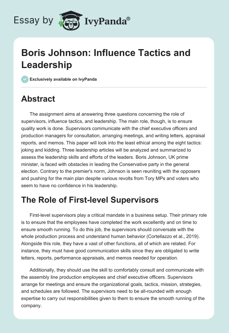 Boris Johnson: Influence Tactics and Leadership. Page 1