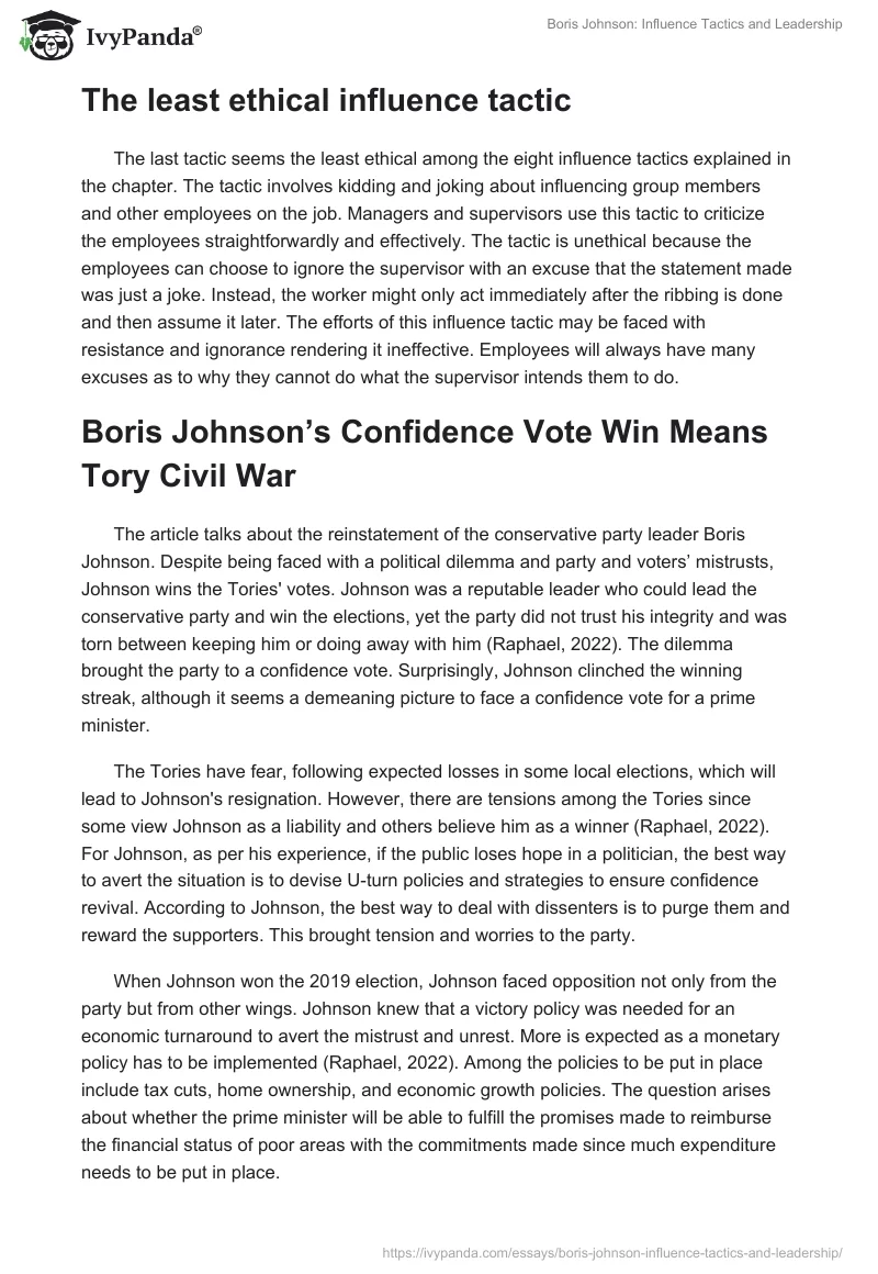 Boris Johnson: Influence Tactics and Leadership. Page 2