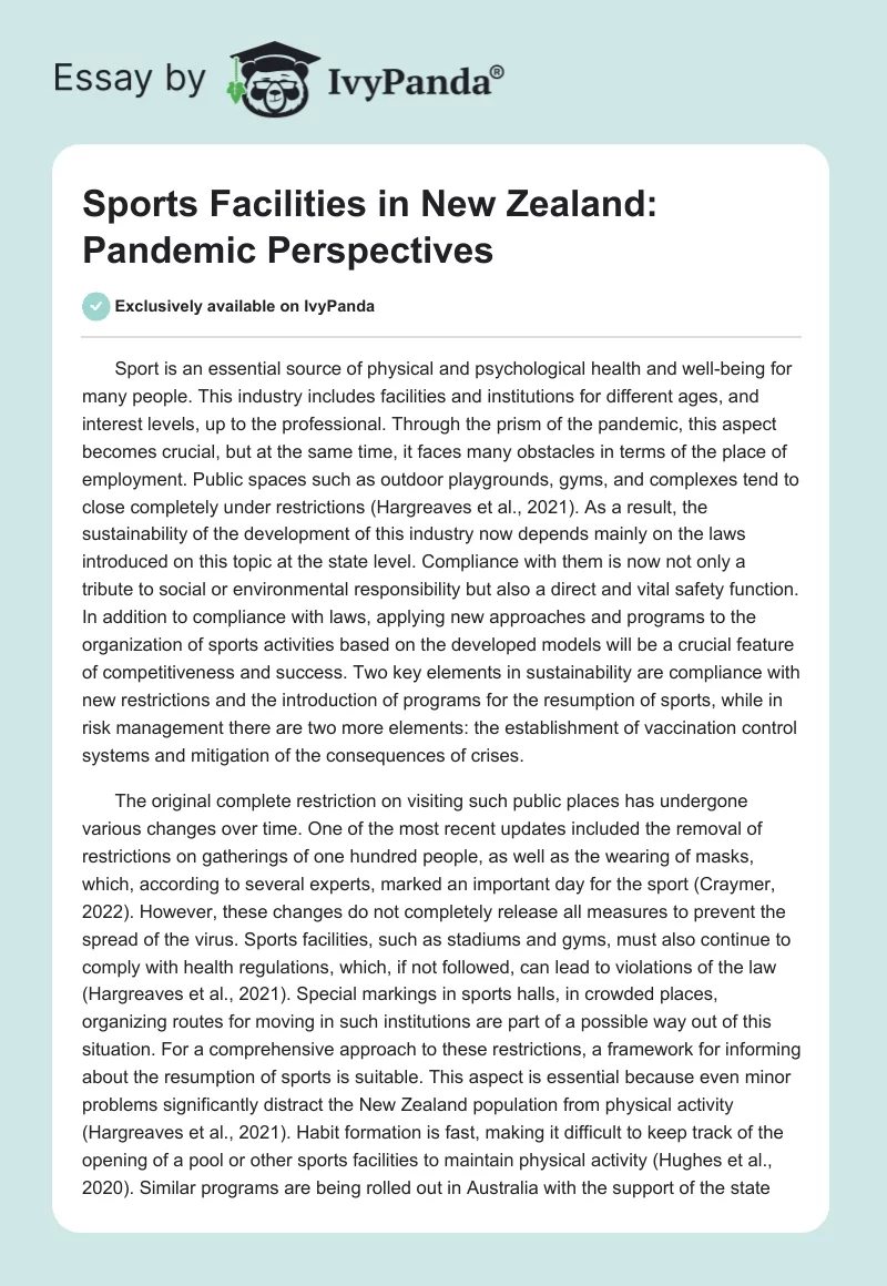Sports Facilities in New Zealand: Pandemic Perspectives. Page 1