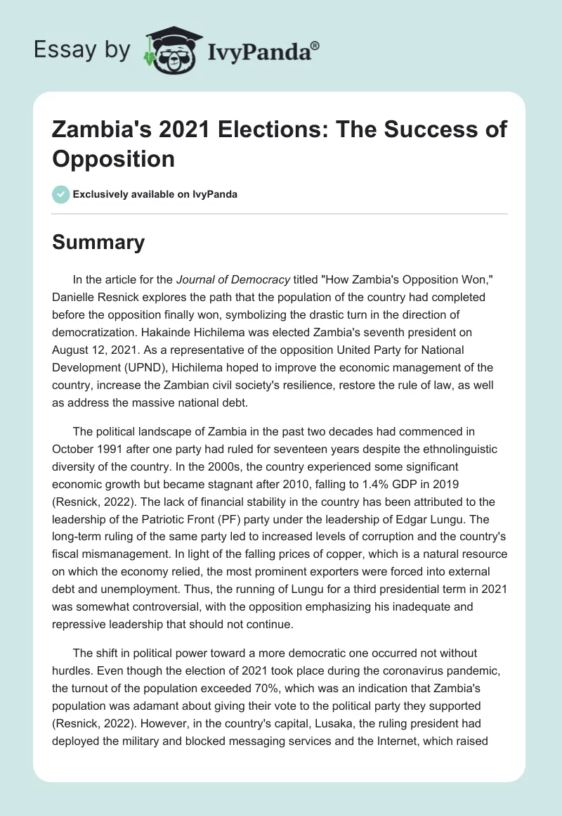 Zambia's 2021 Elections: The Success of Opposition. Page 1