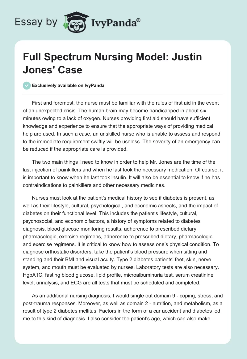 Full Spectrum Nursing Model: Justin Jones' Case. Page 1