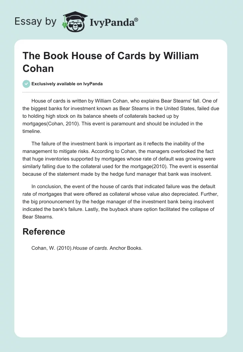 The Book "House of Cards" by William Cohan. Page 1