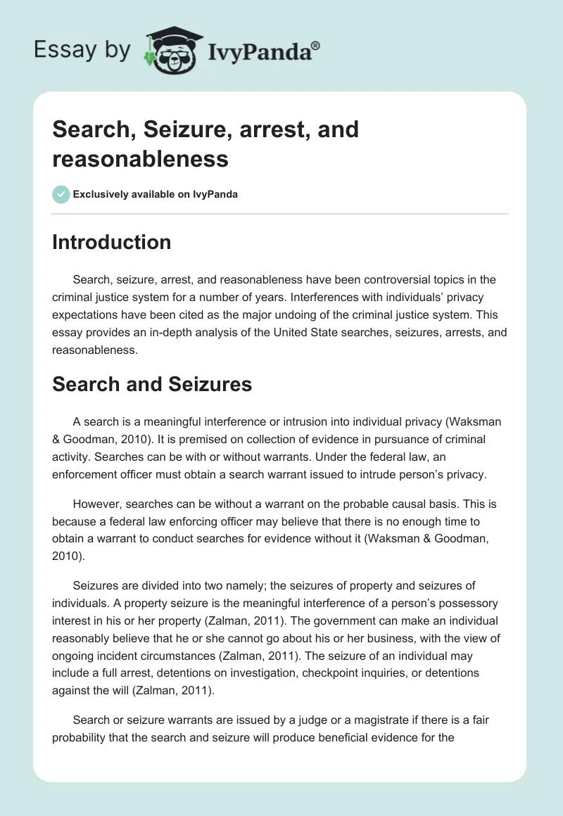 Search, Seizure, arrest, and reasonableness. Page 1