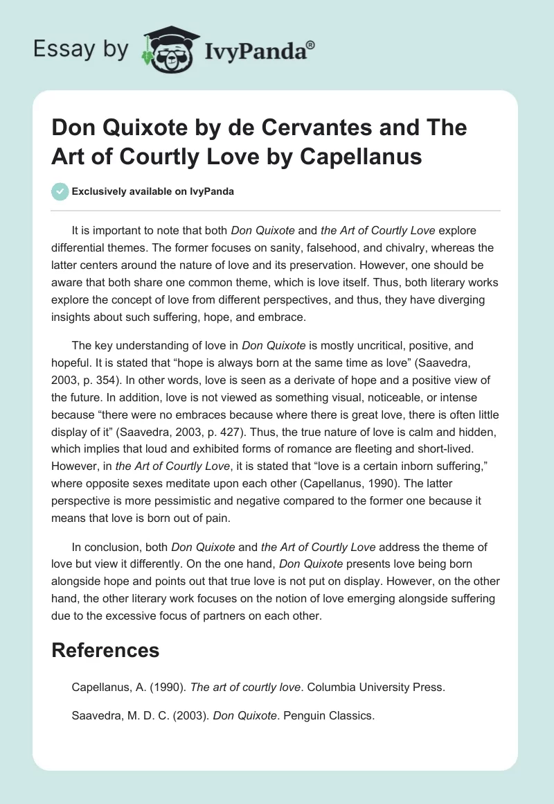 "Don Quixote" by de Cervantes and "The Art of Courtly Love" by Capellanus. Page 1