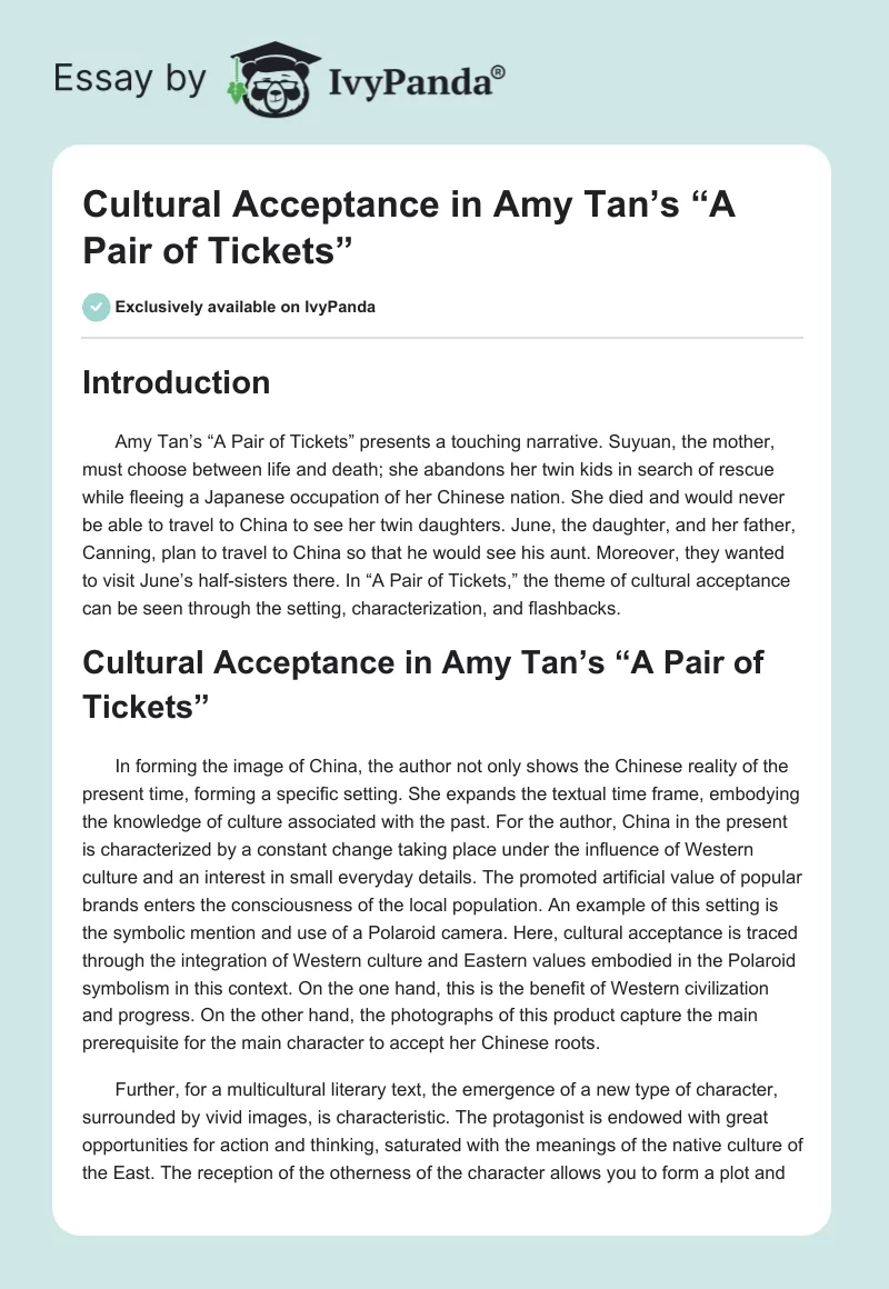 Cultural Acceptance in Amy Tan’s “A Pair of Tickets”. Page 1