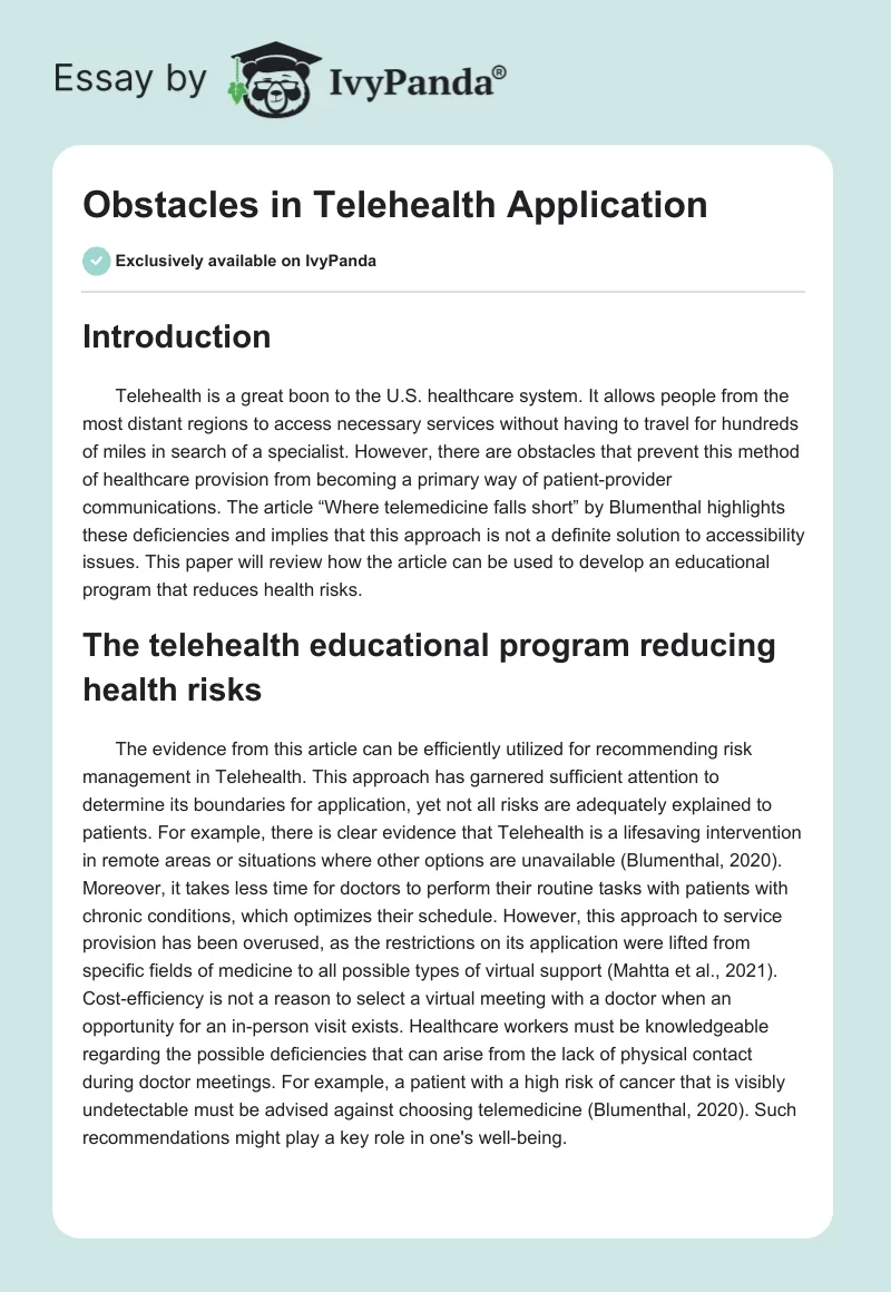 Obstacles in Telehealth Application. Page 1