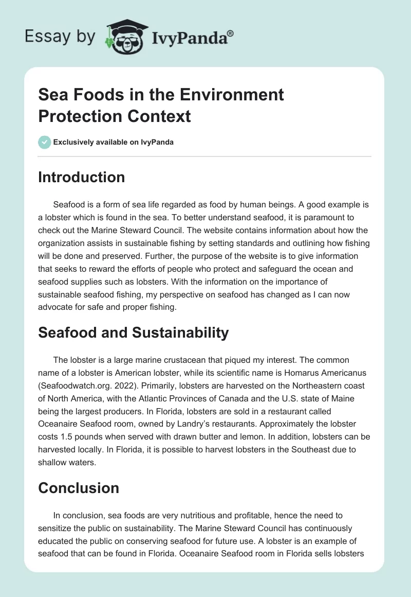 Sea Foods in the Environment Protection Context. Page 1