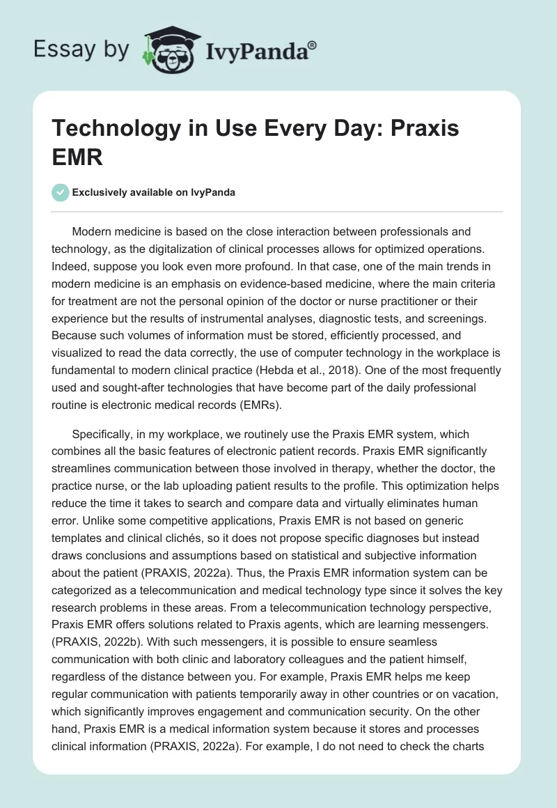 Technology in Use Every Day: Praxis EMR. Page 1