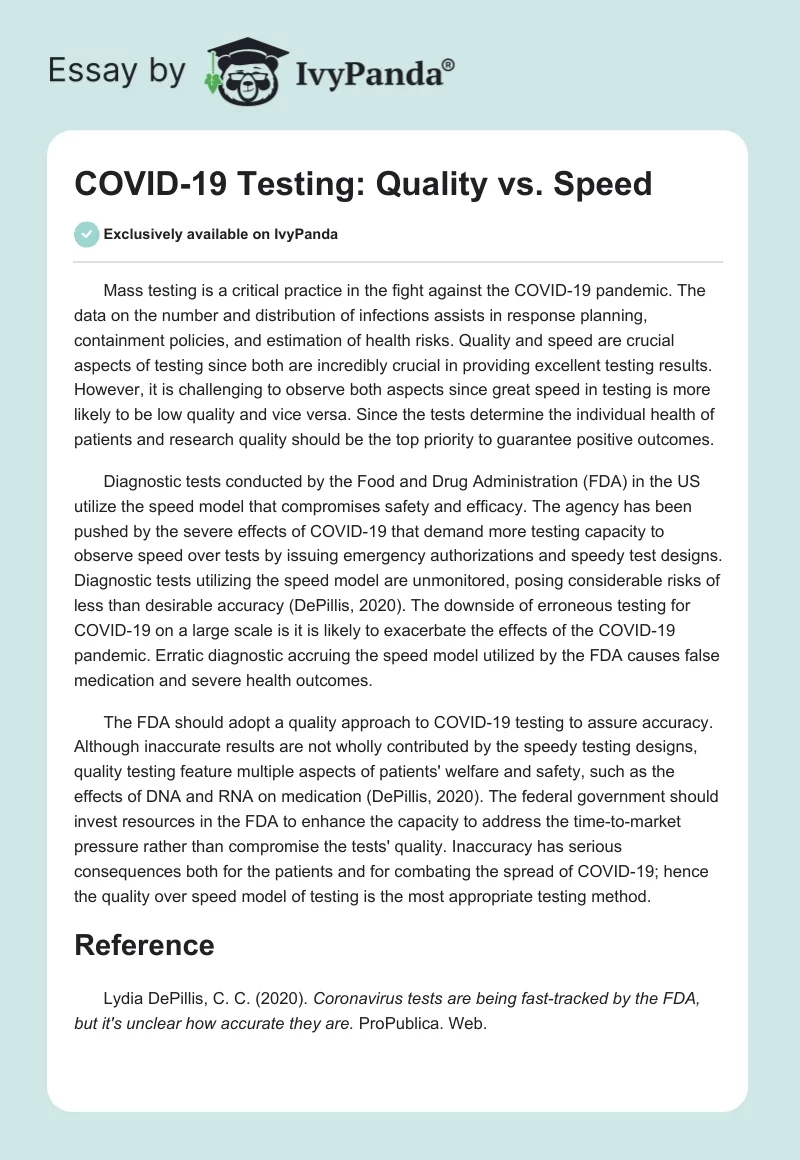COVID-19 Testing: Quality vs. Speed. Page 1
