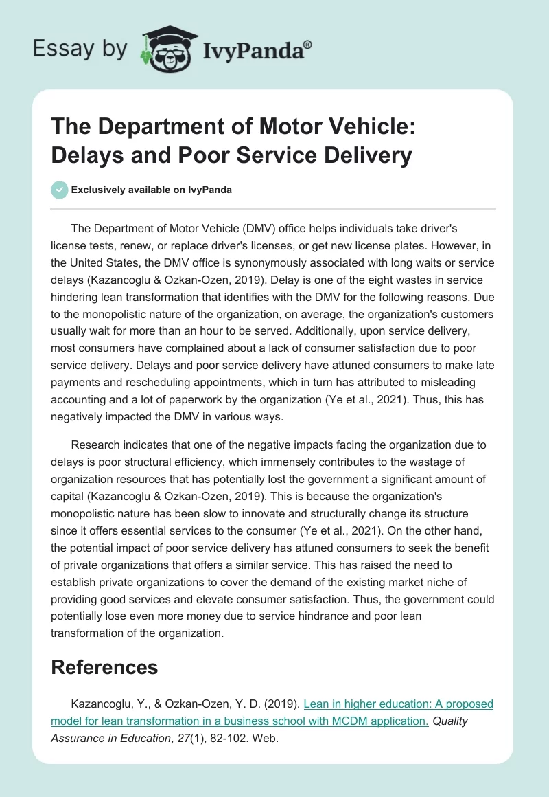 The Department of Motor Vehicle: Delays and Poor Service Delivery. Page 1