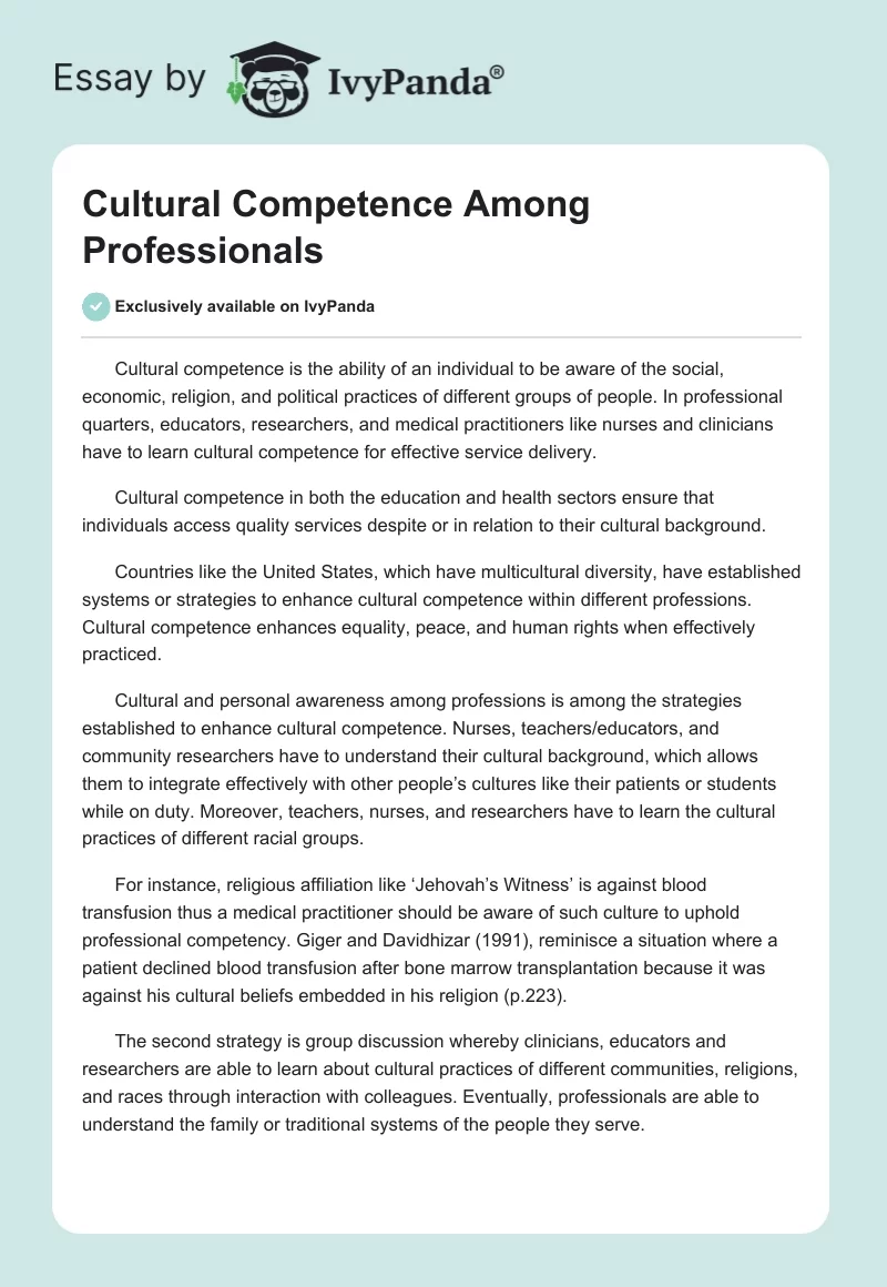 Cultural Competence Among Professionals. Page 1