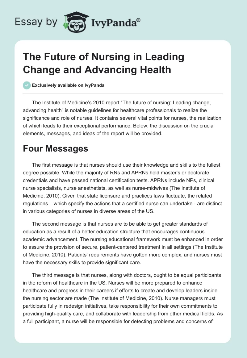 The Future of Nursing in Leading Change and Advancing Health. Page 1