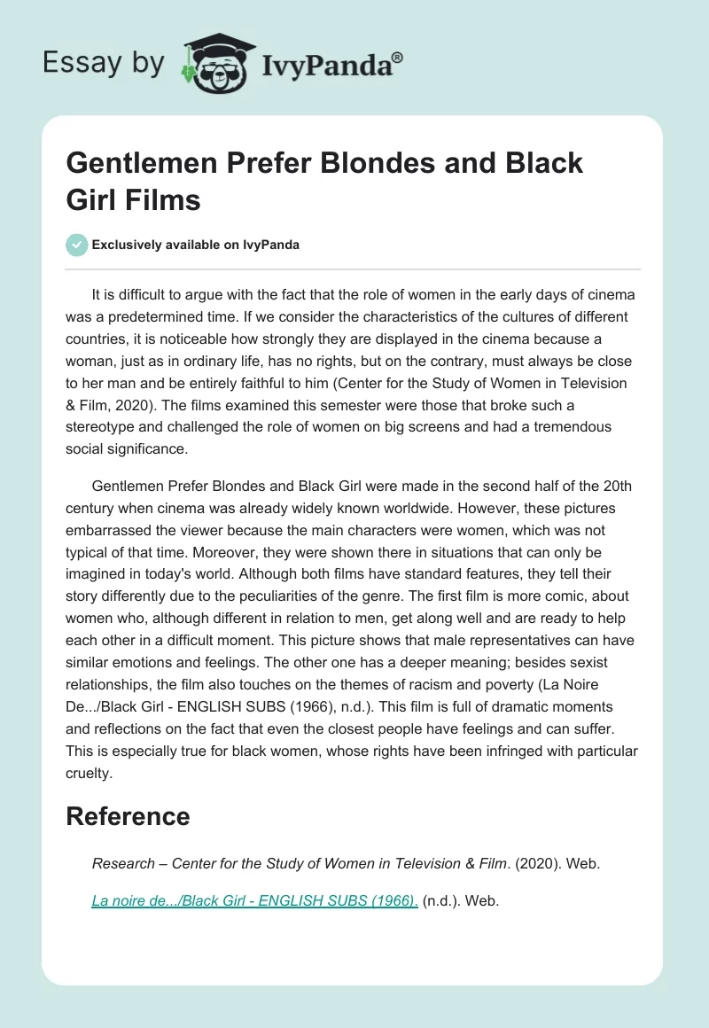 "Gentlemen Prefer Blondes" and "Black Girl" Films. Page 1