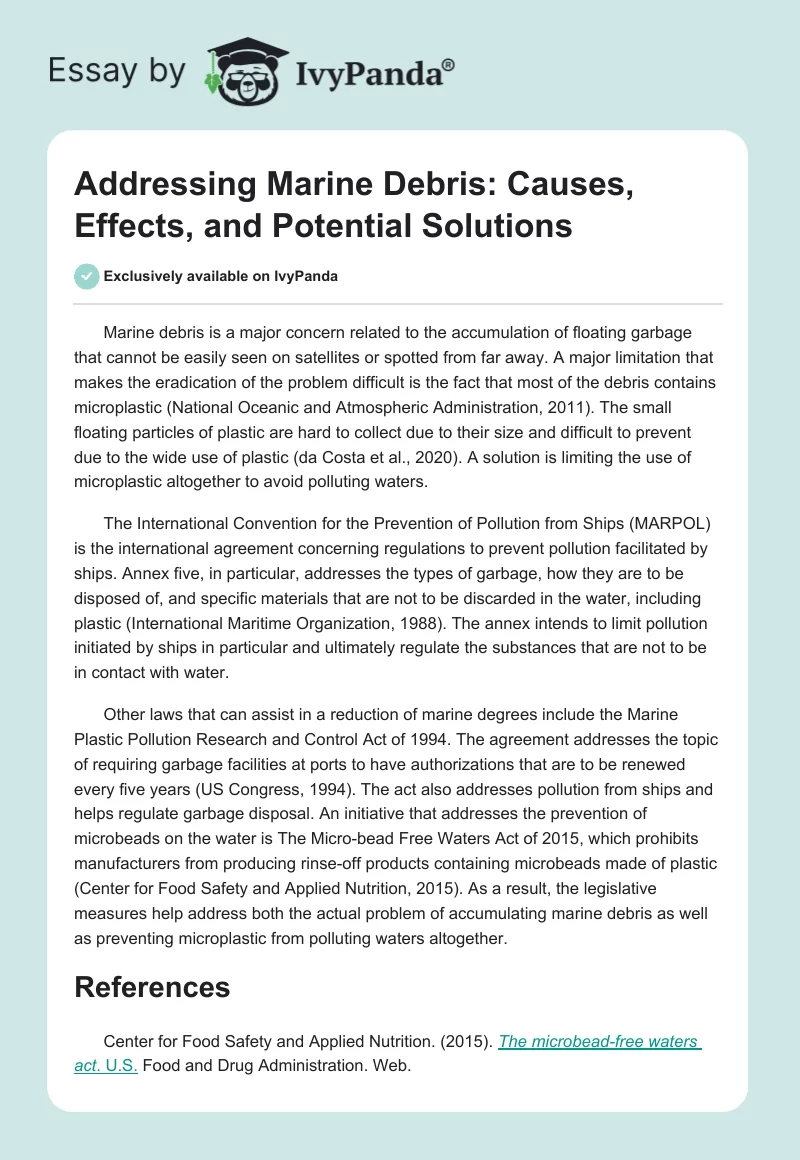 Addressing Marine Debris: Causes, Effects, and Potential Solutions. Page 1