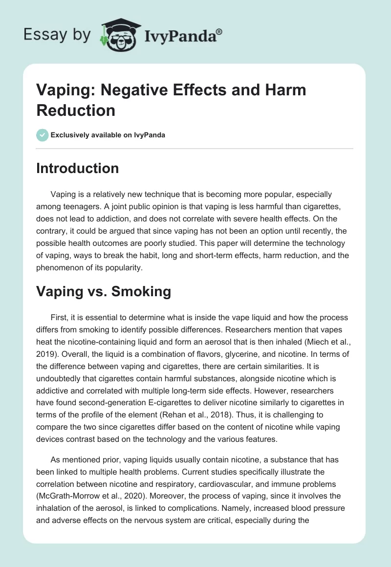 Vaping: Negative Effects and Harm Reduction. Page 1