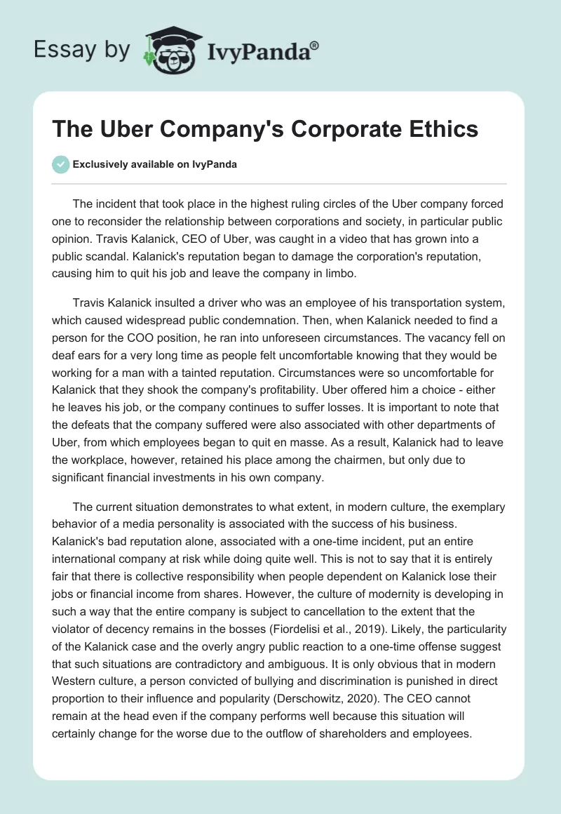 The Uber Company's Corporate Ethics. Page 1