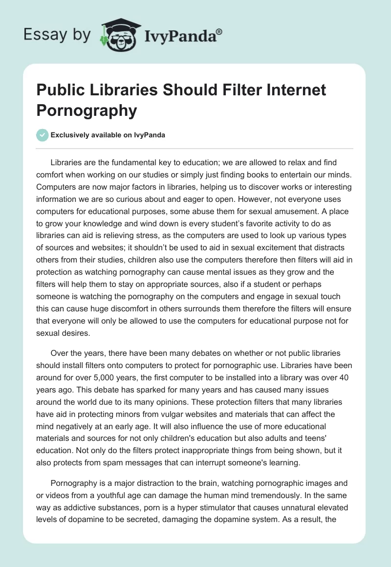 Public Libraries Should Filter Internet Pornography. Page 1