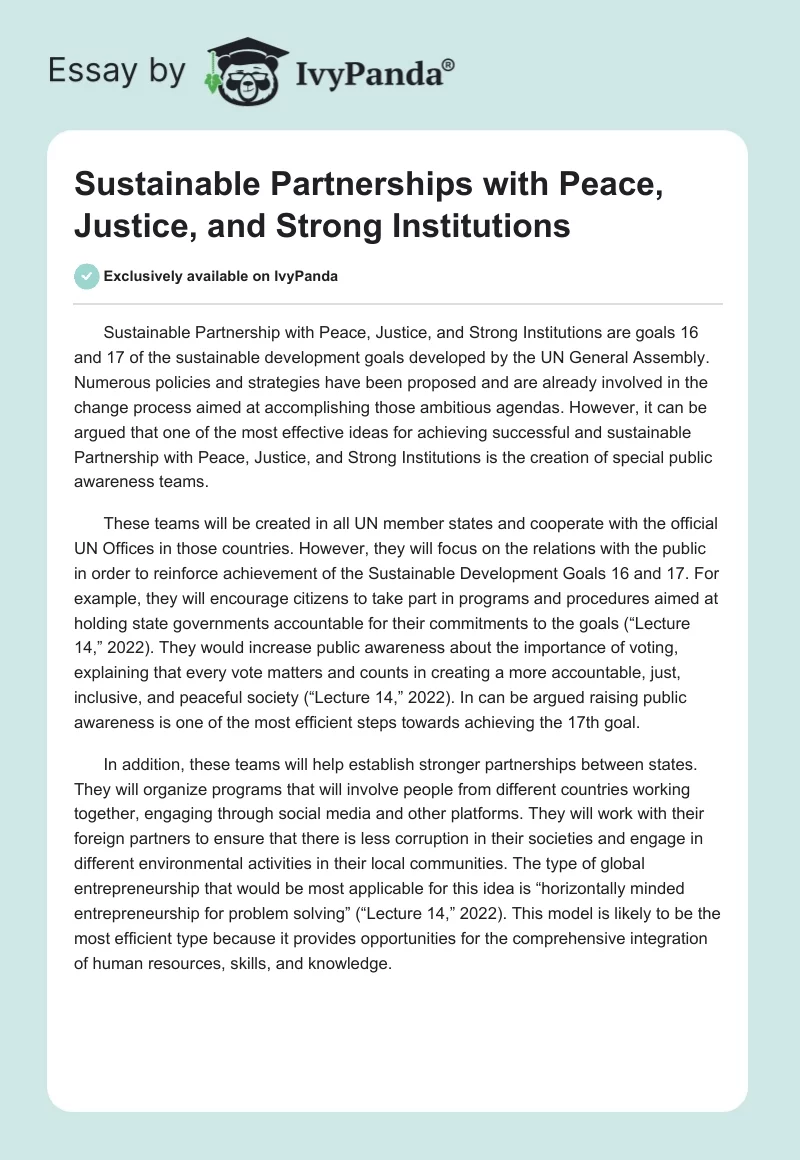 Sustainable Partnerships with Peace, Justice, and Strong Institutions. Page 1