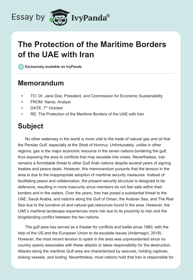 The Protection of the Maritime Borders of the UAE with Iran. Page 1