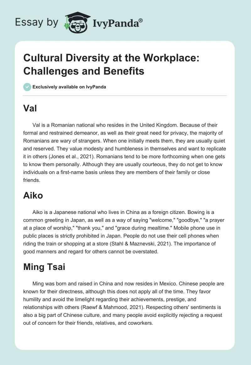 Cultural Diversity at the Workplace: Challenges and Benefits. Page 1
