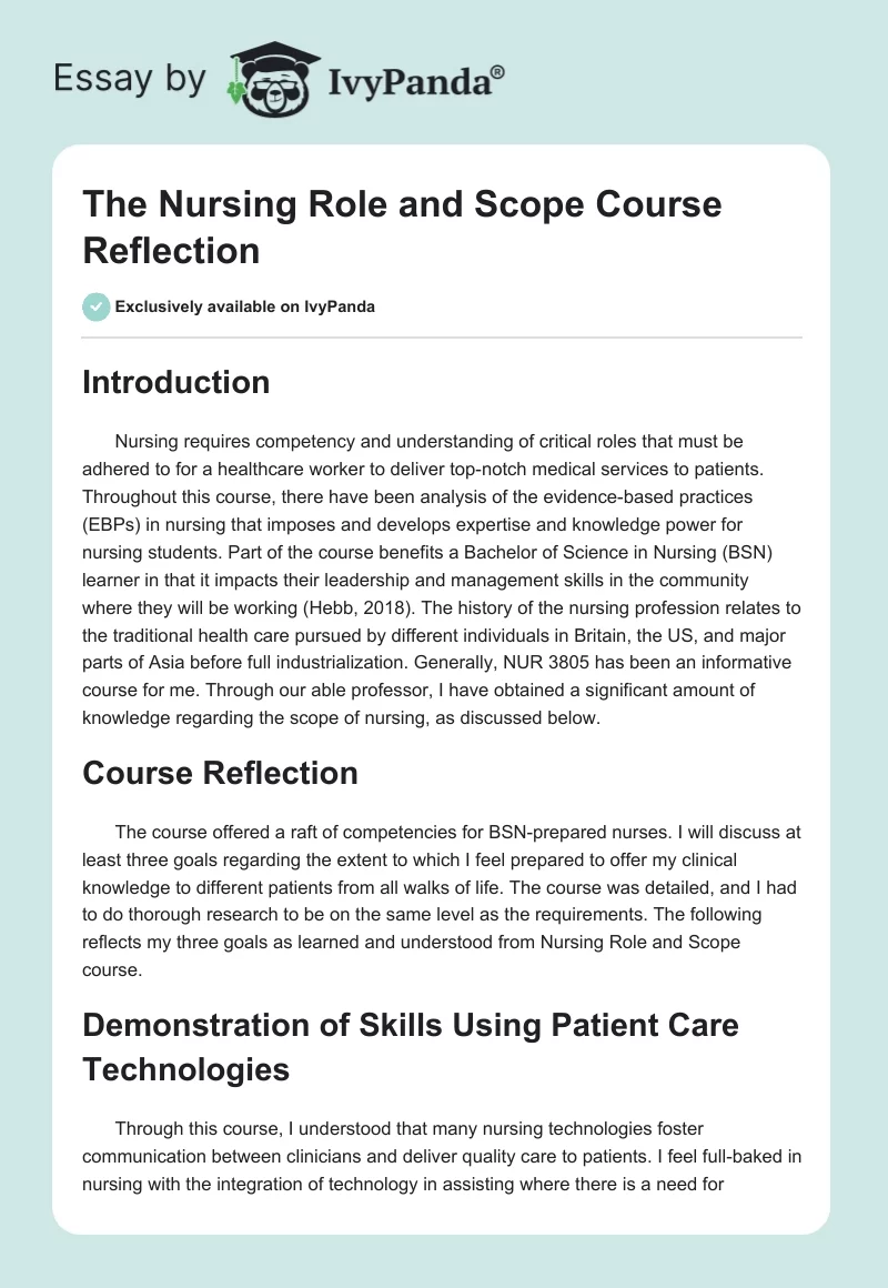 The Nursing Role and Scope Course Reflection. Page 1