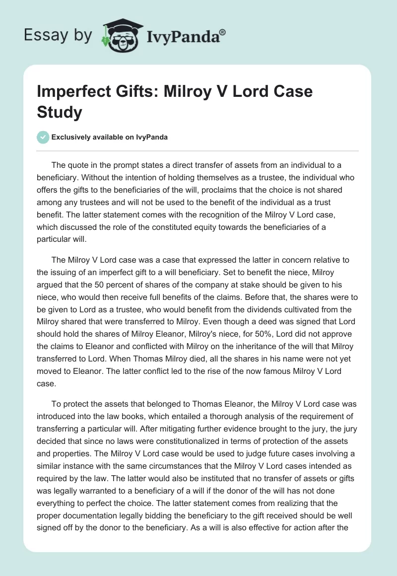 Imperfect Gifts: Milroy V Lord Case Study. Page 1