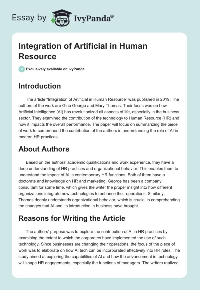 Integration of Artificial in Human Resource. Page 1