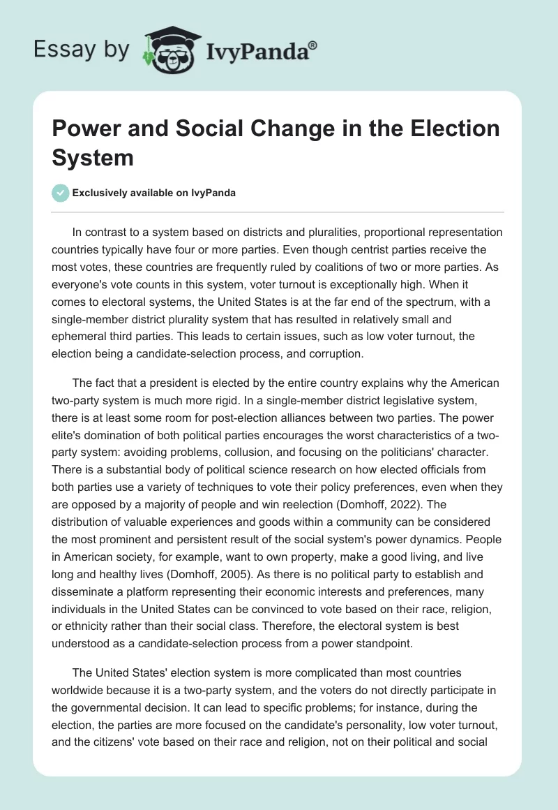Power and Social Change in the Election System. Page 1