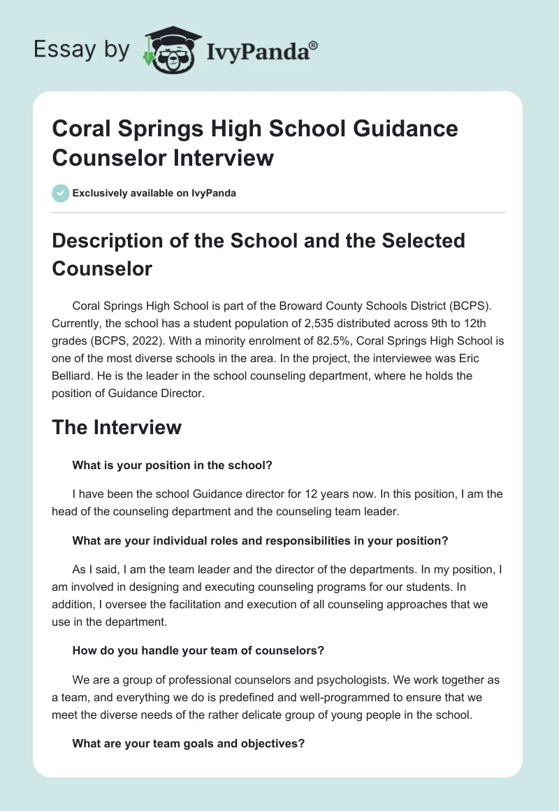 Coral Springs High School Guidance Counselor Interview. Page 1