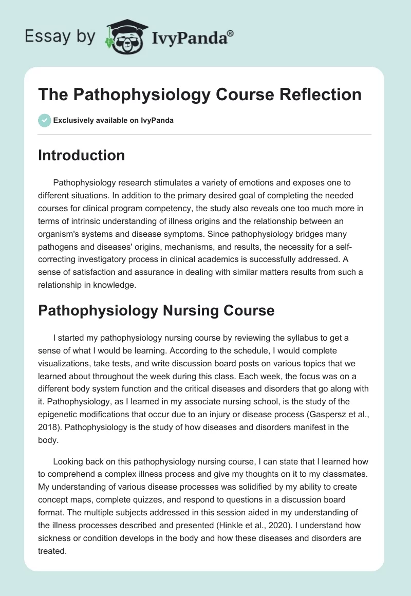 The Pathophysiology Course Reflection. Page 1