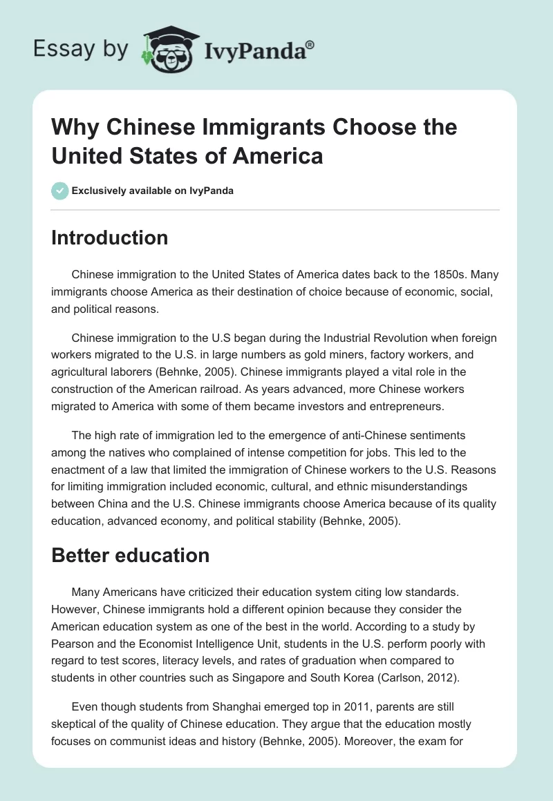Why Chinese Immigrants Choose the United States of America. Page 1