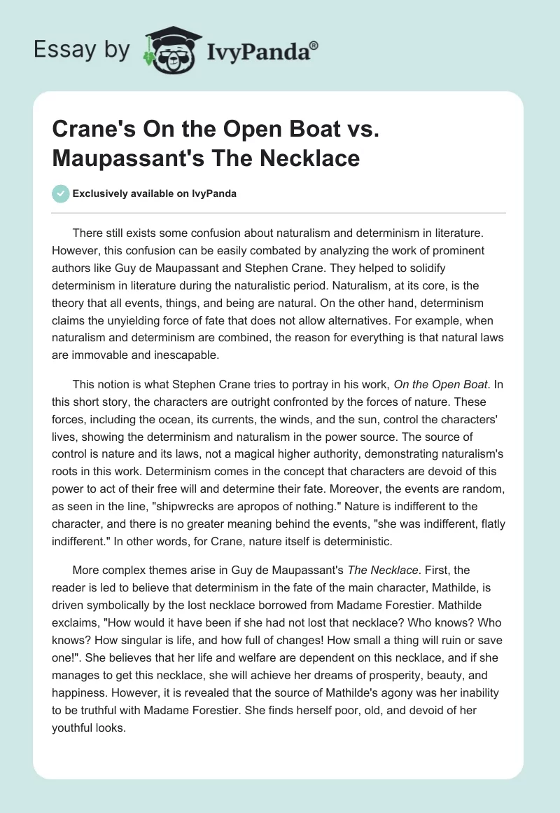 Crane's On the Open Boat vs. Maupassant's The Necklace. Page 1