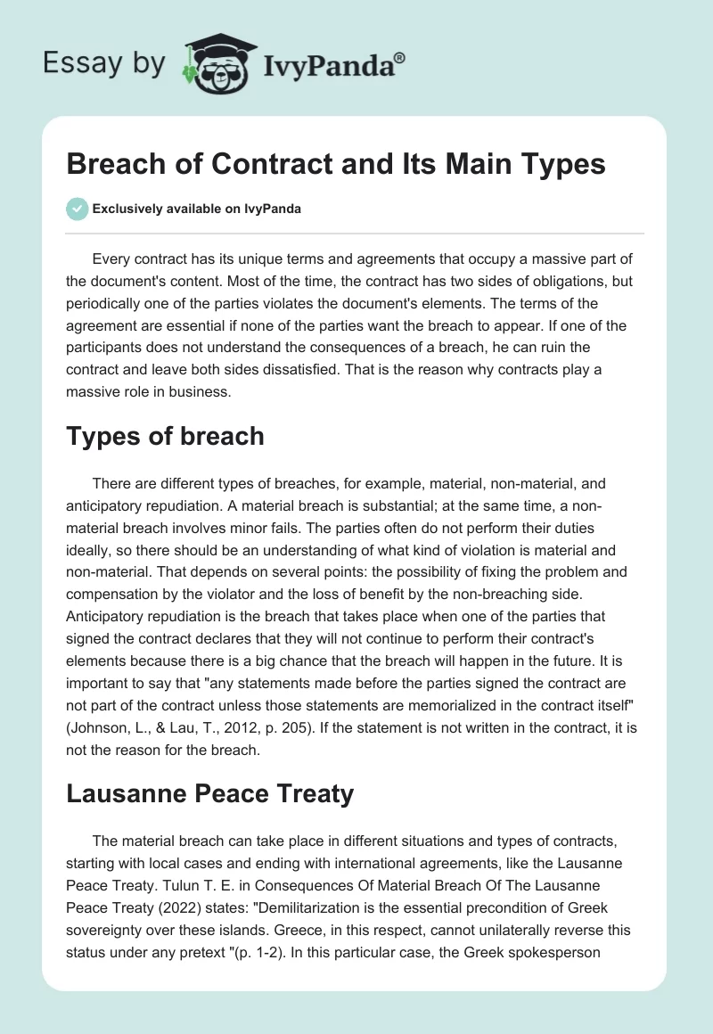 Breach of Contract and Its Main Types. Page 1