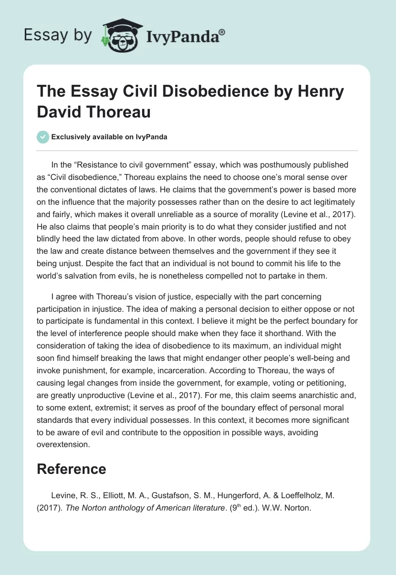 The Essay "Civil Disobedience" by Henry David Thoreau. Page 1