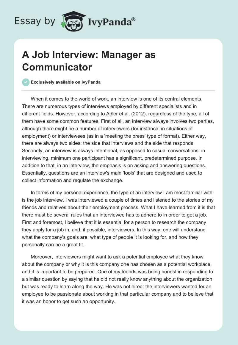 A Job Interview: Manager as Communicator. Page 1