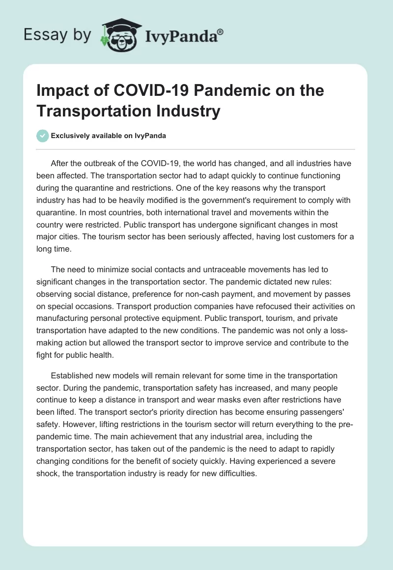 Impact of COVID-19 Pandemic on the Transportation Industry. Page 1
