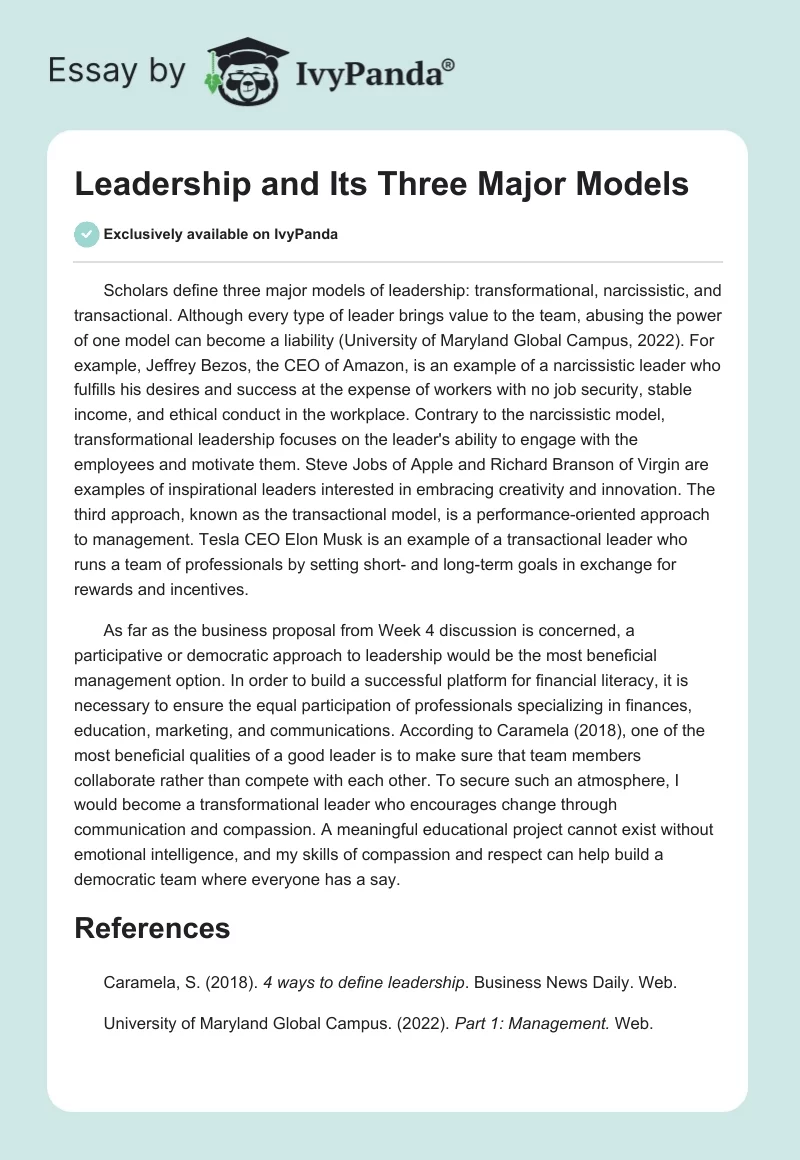 Leadership and Its Three Major Models. Page 1