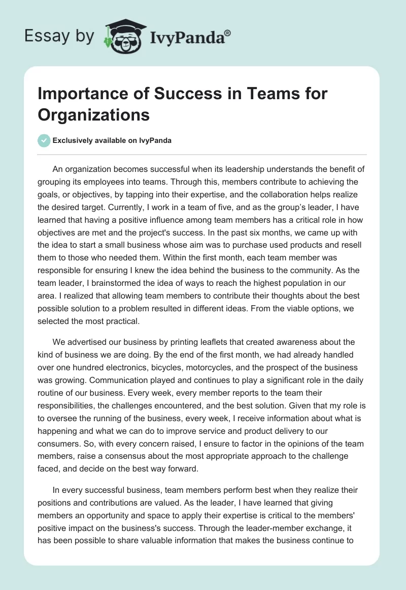 Importance of Success in Teams for Organizations. Page 1