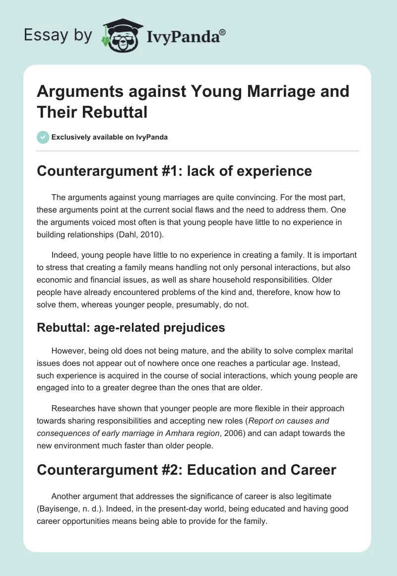 Arguments against Young Marriage and Their Rebuttal. Page 1