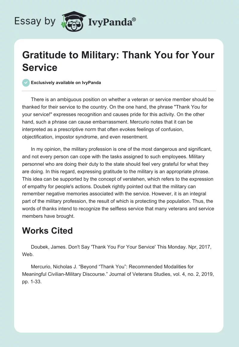 Gratitude to Military: Thank You for Your Service. Page 1