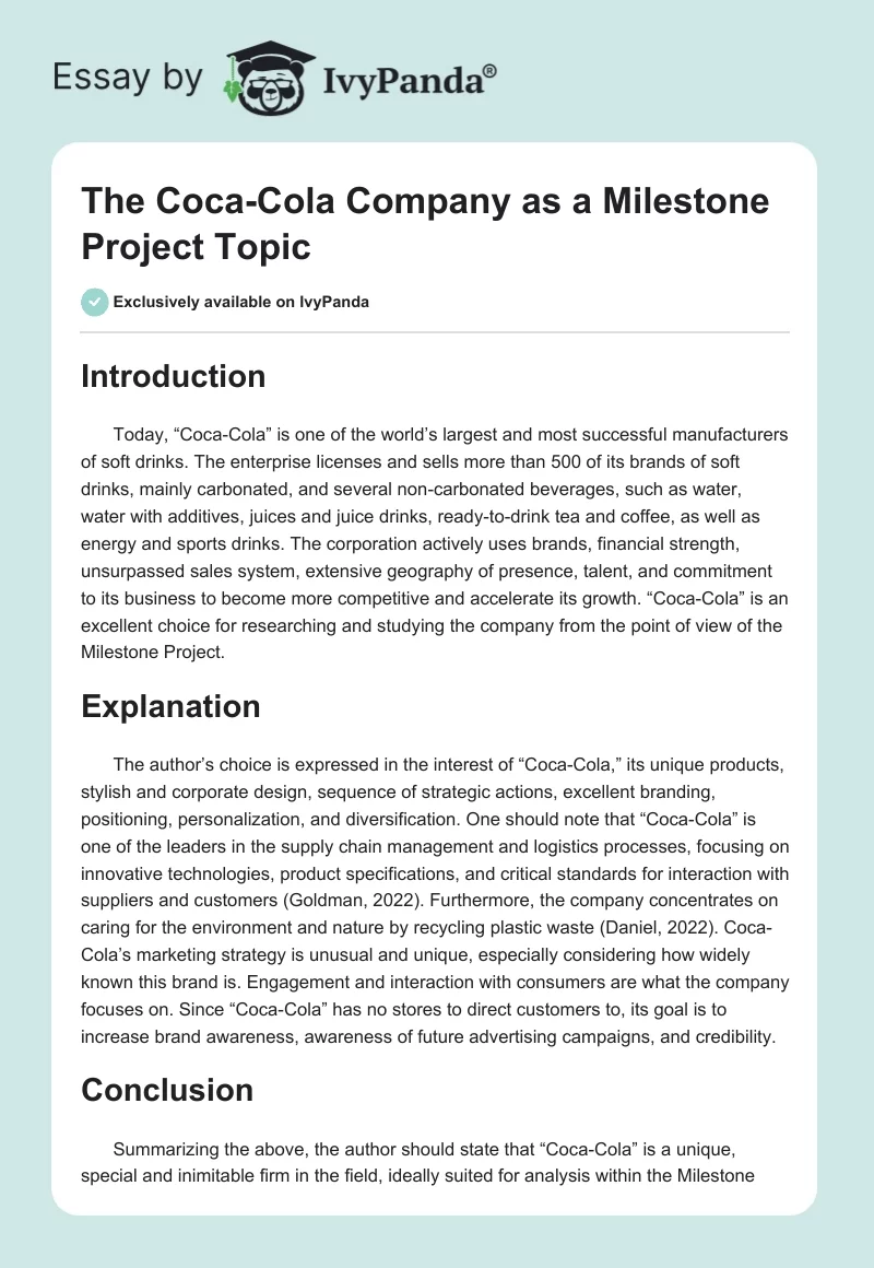 The Coca-Cola Company as a Milestone Project Topic. Page 1