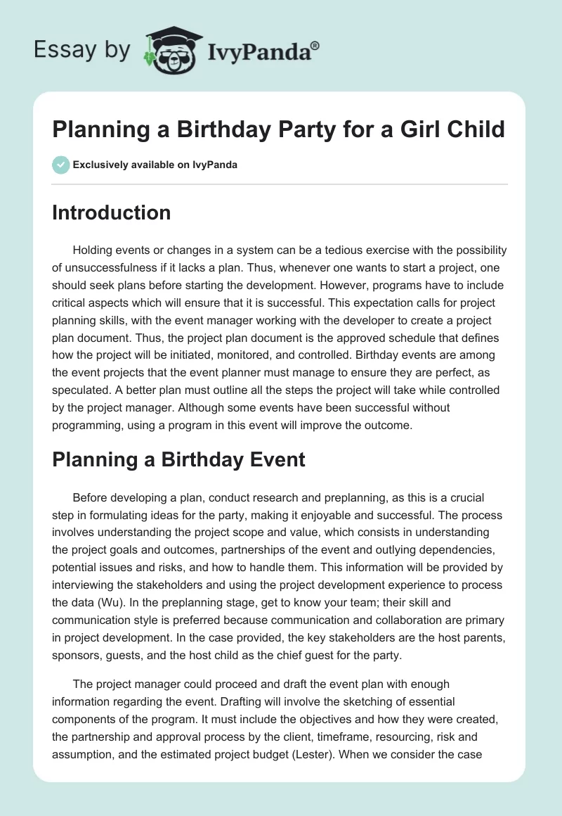 Planning a Birthday Party for a Girl Child. Page 1