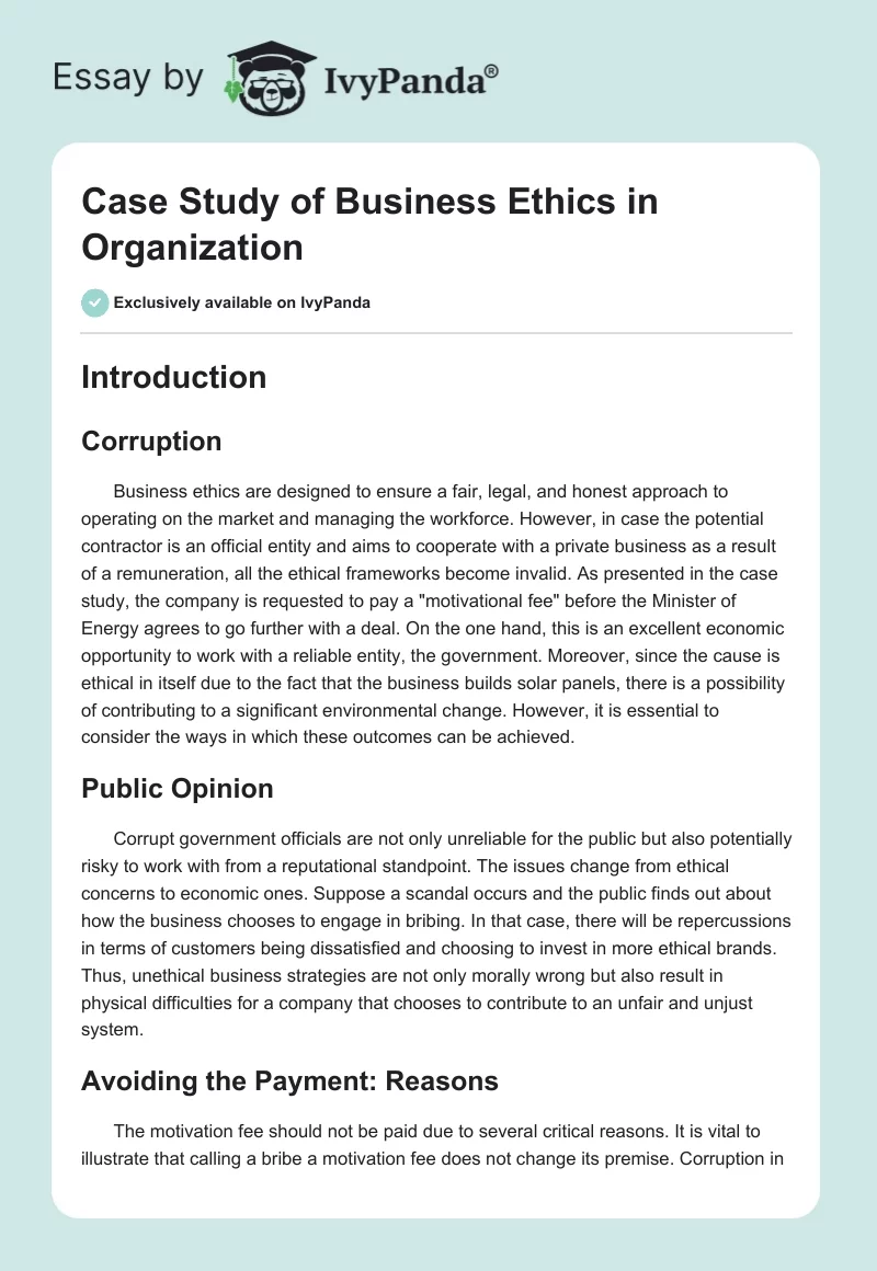 Case Study of Business Ethics in Organization. Page 1