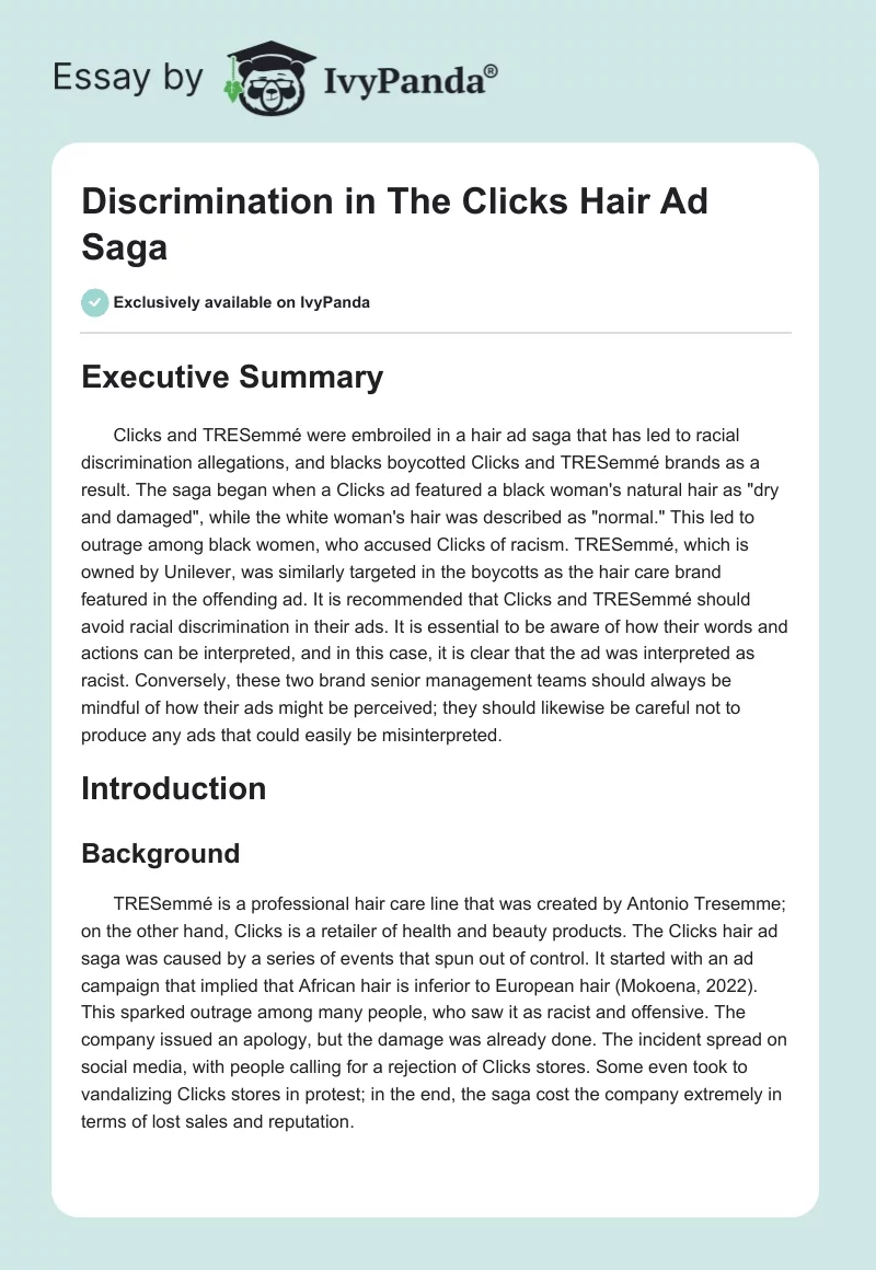 Discrimination in The Clicks Hair Ad Saga. Page 1